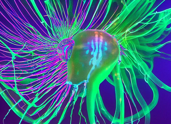 Prompt: a colossal translucent jelly fish with bioluminescent stripes, 4 k post - processing highly detailed, 3 d render, modern photography