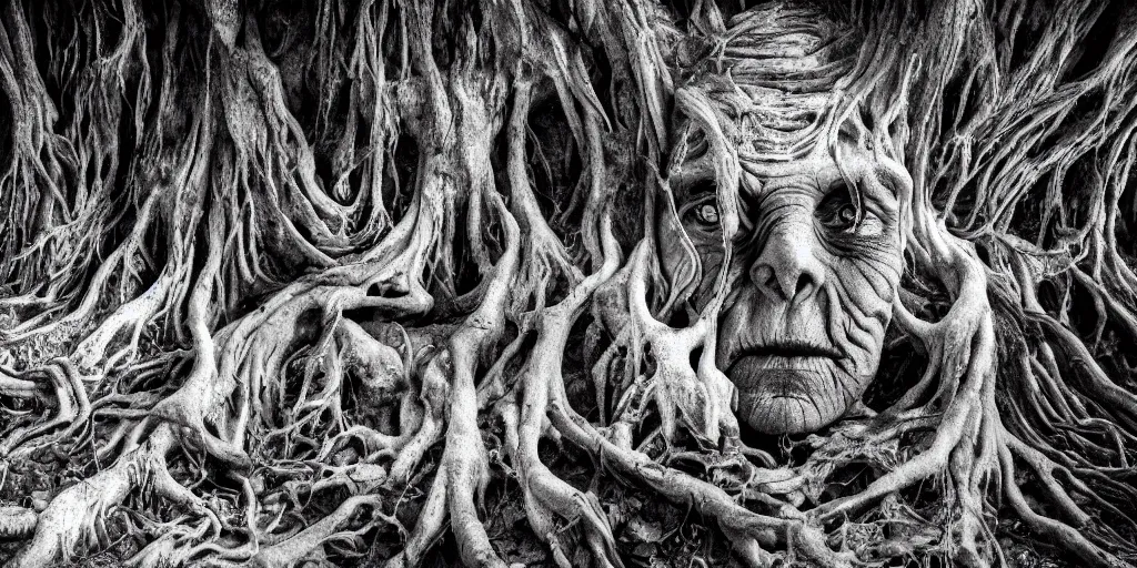 Prompt: photography of old ugly witch with rotten face monster living in a root cave, edelweiss growing from her head, forest, dolomites, alpine, detailed intricate insanely detailed octane render, 8k artistic 1920s photography, photorealistic, black and white, chiaroscuro, hd, by David Cronenberg, Raphael, Caravaggio