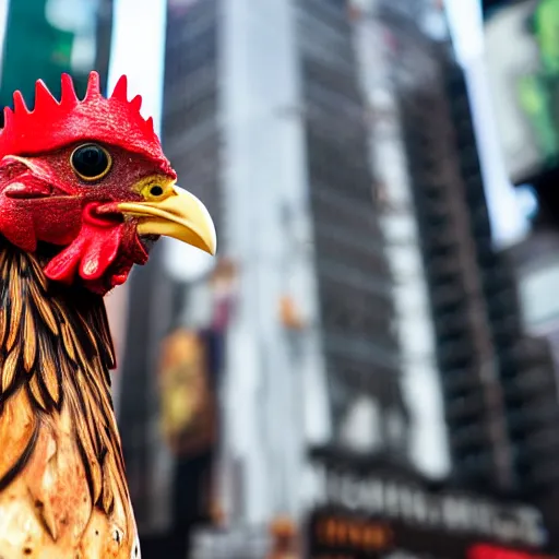 Image similar to a very detailed chicken riding a skateboard in times square, high quality, dslr up close picture