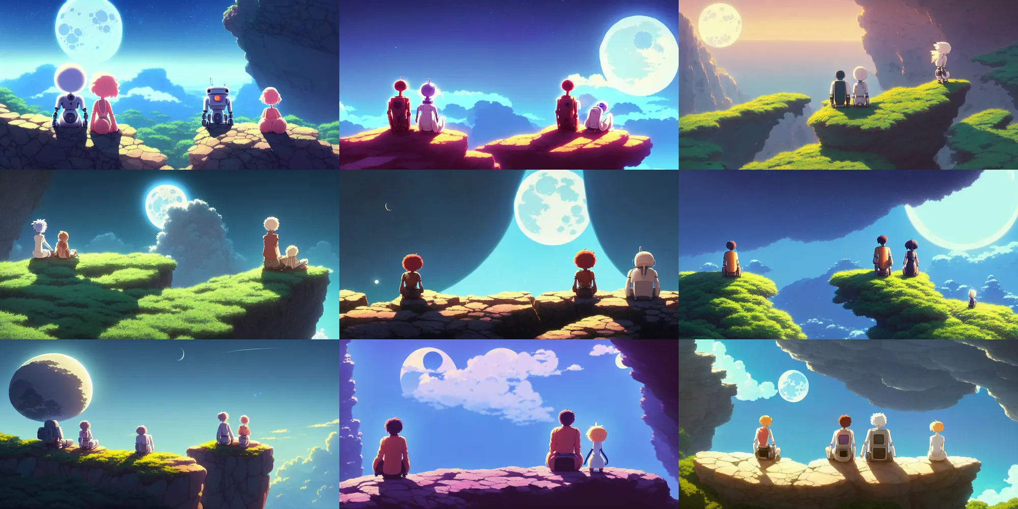 Prompt: a cute robot couple sitting over the precipice, looking at moon, studio ghibli, pixar and disney animation, sharp, rendered in unreal engine 5, anime key art by greg rutkowski, bloom, dramatic lighting