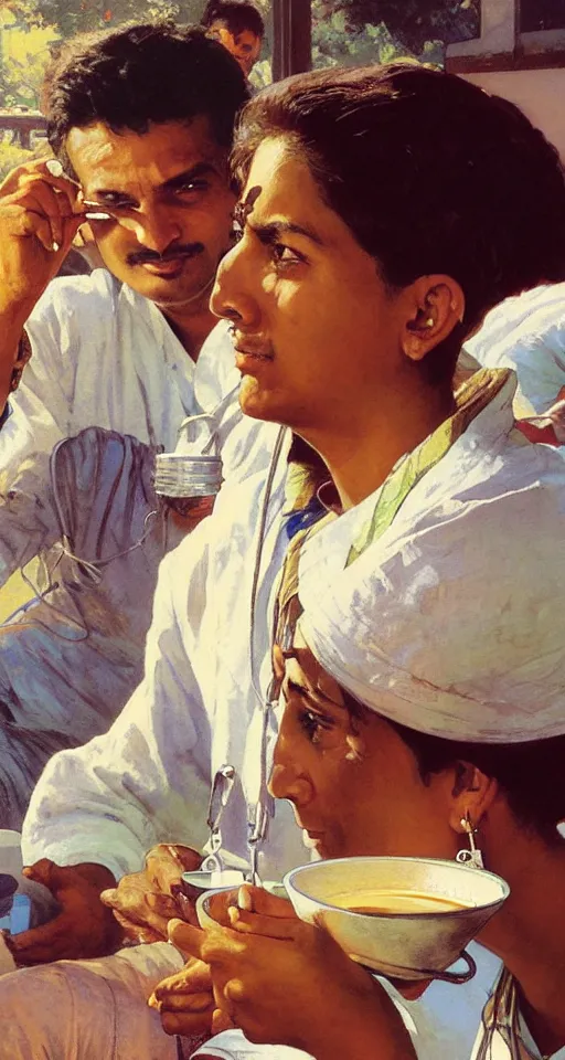 Prompt: close up of a young Indian doctor in scrubs drinking coffee, sun shining, photo realistic illustration by greg rutkowski, thomas kindkade, alphonse mucha, loish, norman rockwell.