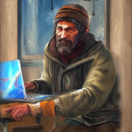 Prompt: homeless man gaming and streaming on a PC, expressive oil painting, digital art, matte art, gaming pc, headset