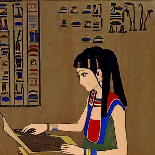 Image similar to an ancient egyptian painting of lain iwakura and a computer