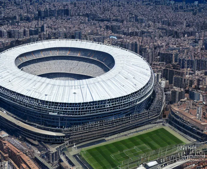 Image similar to 4 k hd, high detail photograph of the santiago bernabeu stadium from above, shot with sigma f / 4. 2, 2 5 0 mm sharp lens, wide shot, consistent, isometric view, volumetric lighting, high level texture render