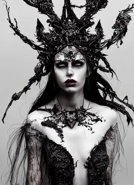 Prompt: a portrait of female model by stefan geselle and nekro borja, photorealistic, intricate details, hyper realistic, dark fantasy, ornate headpiece, dark beauty, photorealistic, canon r 3, photography, wide shot, photography, dark beauty, symmetrical features, wide angle shot, whole body, full body shot, body, feet