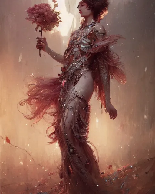 Prompt: 4k cinematic full view ethereal elysian female wearing intricate Floralpunk attire by Ruan Jia by Greg Rutkowski, art nouveau style, detailed and realistic, poetic and symbolic, Artstation