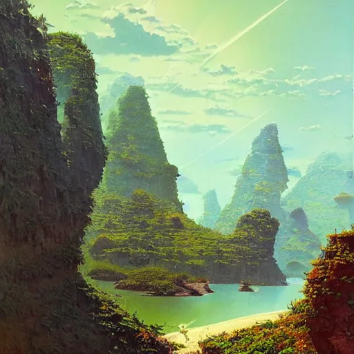 Image similar to painting of a lush natural scene on an alien planet by bruce pennington. beautiful landscape. weird vegetation. cliffs and water.