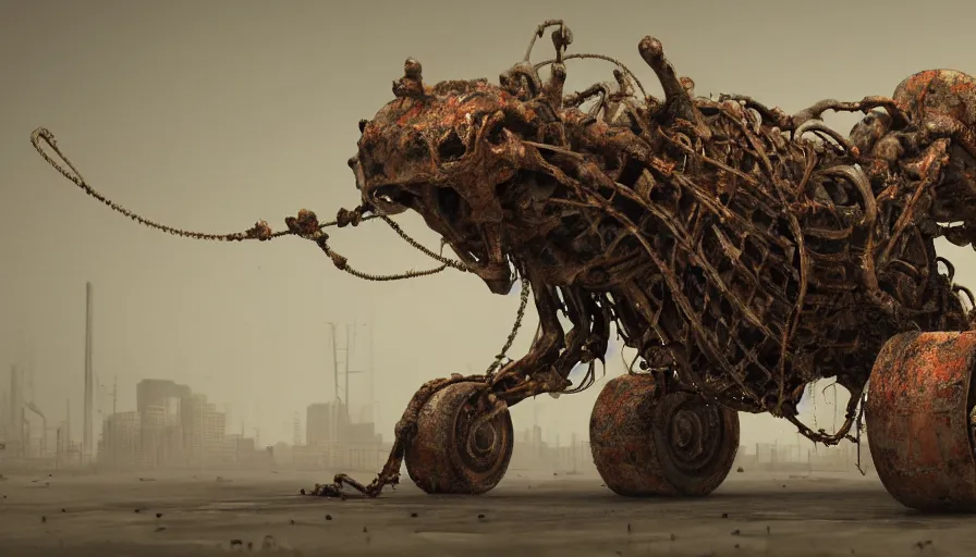 Image similar to Techno-biological rusty М50 Ontos consisting of tumors, meat, veins, bones, guts, kidneys, wires. Biopunk, body-horror, high detail, photorealism, full length view, very rust, concept art, octane render, 16k, 8k