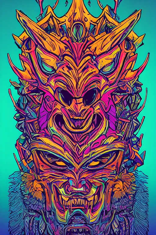 Image similar to totem animal mask tribal feather gemstone plant wood rock shaman vodoo video game vector illustration vivid multicolor borderlands comics by josan gonzales and dan mumford radiating a glowing aura