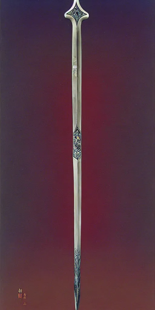 Prompt: a katana in the style of zdzisław beksinski, elegant, silver and amethyst inlay, flower motif, weapon on display, night sky