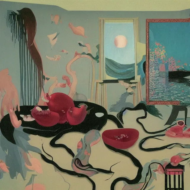 Image similar to female emo art student in her apartment, painting of flood waters inside an artist's feminine bedroom, a river flooding indoors, pomegranates, pigs, ikebana, water, octopus, river, rapids, waterfall, black swans, canoe, berries, acrylic on canvas, surrealist, by magritte and monet