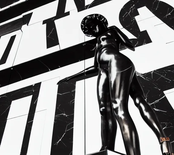 Image similar to night time photo of billboard advertisement of extremely beautiful female black marble statue in the style of virgil abloh, colorful motocross logos behind her, sharp focus, clear, detailed,, cinematic, detailed, off white, glamourous, symmetrical, vogue, editorial, fashion, magazine shoot, glossy