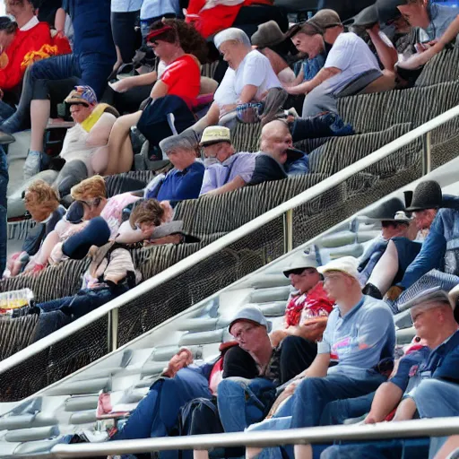 Prompt: a fan falls asleep in the grandstand at spa francorchamps