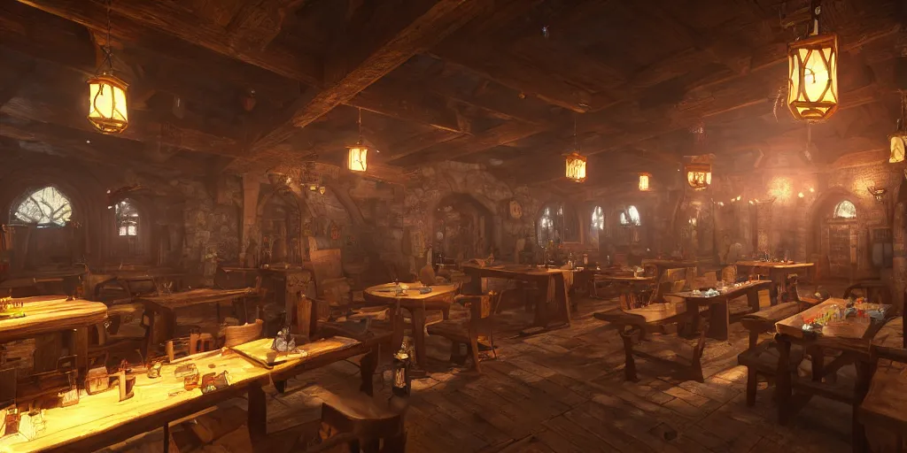 Prompt: the inside of a fantasy tavern, d & d, hyperrealistic, concept art, octane render, unreal engine 5, path tracing, soft lighting, high quality, highly detailed, 8 k, complementary colors, cgsociety