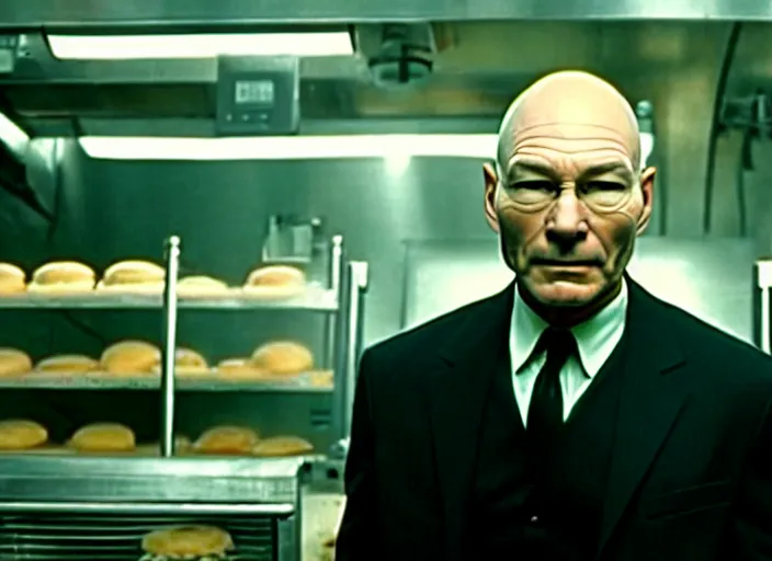 Image similar to film still of patrick stewart as agent smith working in a bakery in the new matrix movie, 4 k