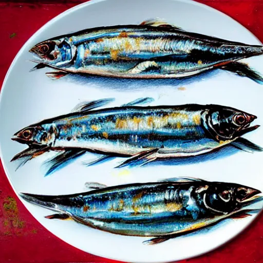 Prompt: sardines in oil on a white plate overlooking the ocean, oil on canvas, extremely detailed masterpiece