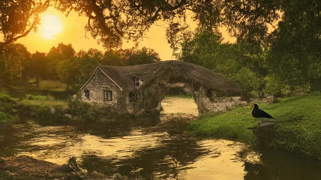 Prompt: small wooden cottage by the river, a tree with vines wrapped around it, two crows on the tree, tranquility, arch stone bridge over the river, an old man riding a horse on the bridge, sunset
