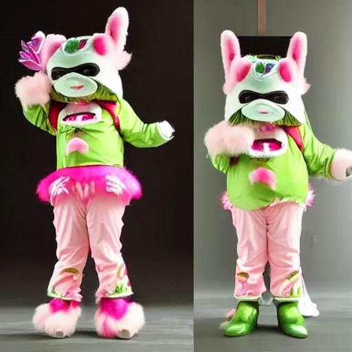 Image similar to 35mm of a very cute, adorable and creative Japanese mascot character costume, full body view, very magical and dreamy, designed by Gucci,kawaii, lush plant and magical details