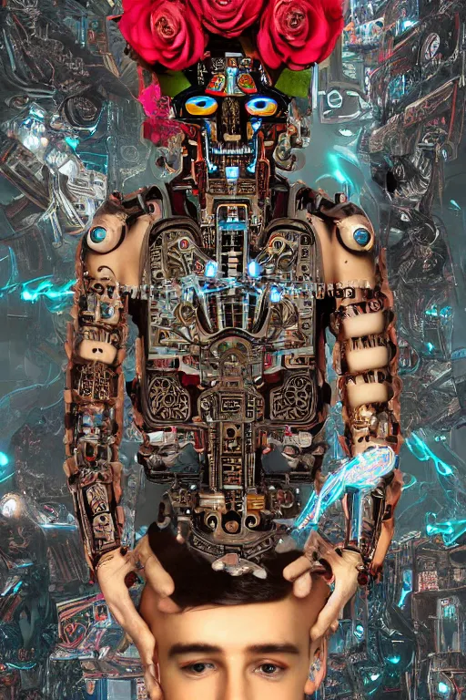 Image similar to full-body cyberpunk style sculpture of a young handsome Aztec prince half android with a chest opening exposing sparked circuitry, exposed motherboard, glowing red eyes, crown of white roses, flowing teal-colored silk, fabric, flowers. baroque elements, human skull. full-length view. baroque element. intricate artwork by caravaggio. many many birds birds on background. Trending on artstation, octane render, cinematic lighting from the right, hyper realism, octane render, 8k, depth of field, 3D