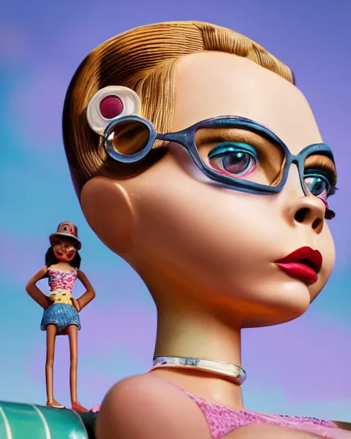 Image similar to closeup face profile portrait of a tin toy retro 1 9 5 0 s cara delevingne, bikini, depth of field, zeiss lens, fashion photoshoot by nicoletta ceccoli, mark ryden, lostfish, breathtaking, detailed and intricate environment, 8 k resolution, extremely detailed, beautiful, establishing shot, artistic, hyperrealistic, octane render