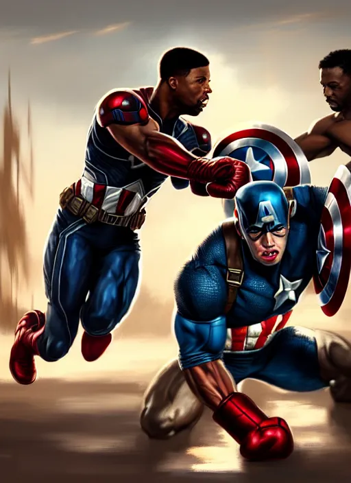 Image similar to Micheal B Jordan punching captain america in the face, Captain America is Chris Evans, realistic, detailed, 4k by Greg Rutkowski, Mark Arian trending on artstation