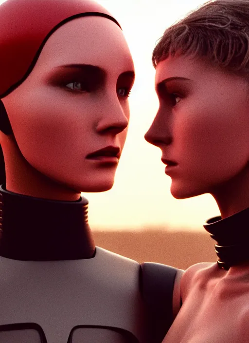 Image similar to cinestill 5 0 d photographic portrait of two loving female androids wearing rugged black cutout waist techwear on a desolate plain with a red sky, extreme closeup, modern cyberpunk, dust storm, 8 k, hd, high resolution, 3 5 mm, f / 3 2, ultra realistic faces, ex machina, blade runner