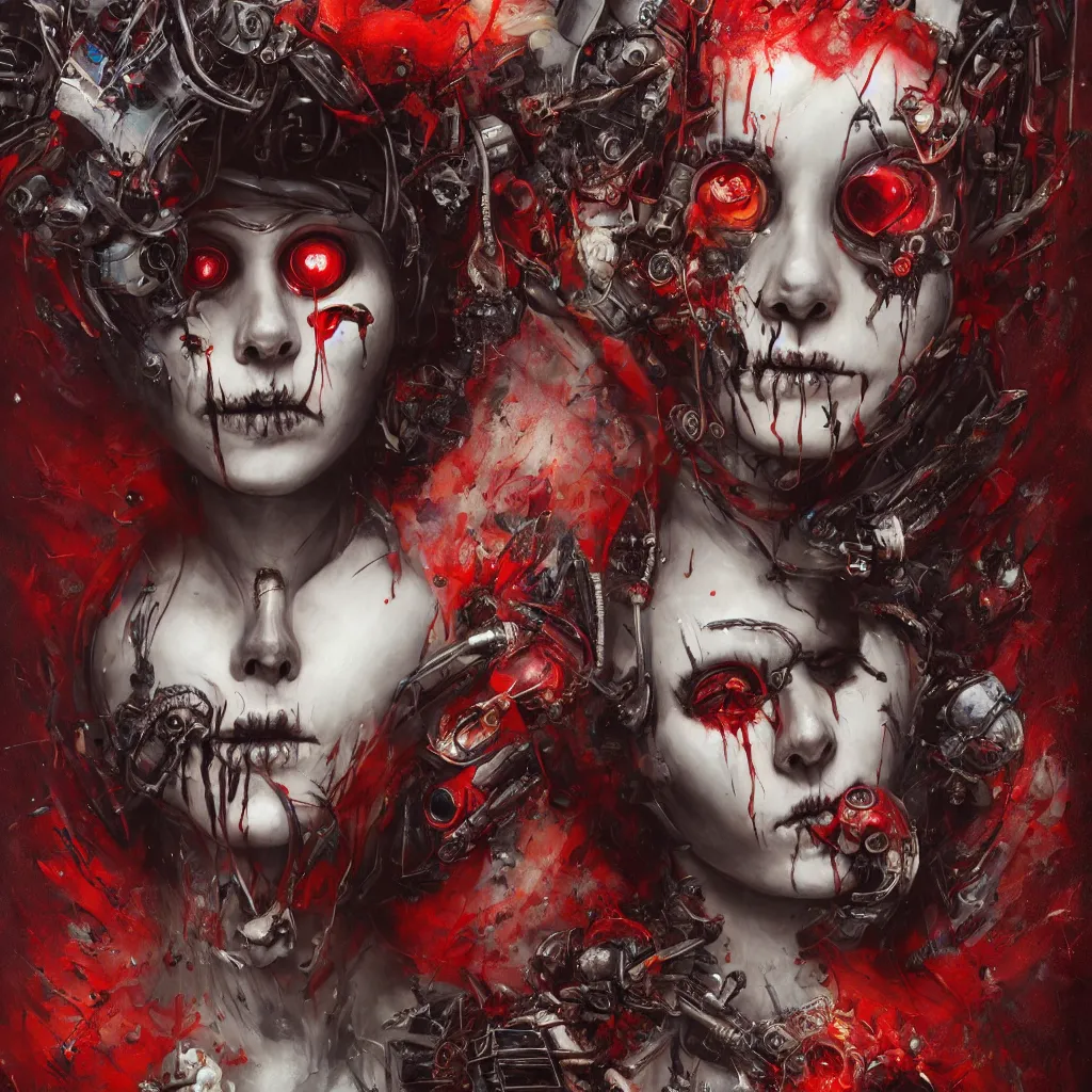 Prompt: queen of hearts, cyborg, skull, highly detailed, cinematic, 8 k, by megan duncanson, benjamin lacombe, adrian borda, stanley artgermm, tom bagshaw, craig mullins, carne griffiths, ayami kojima, beksinski, giger, trending on deviantart, hyper detailed, horror, full of colour