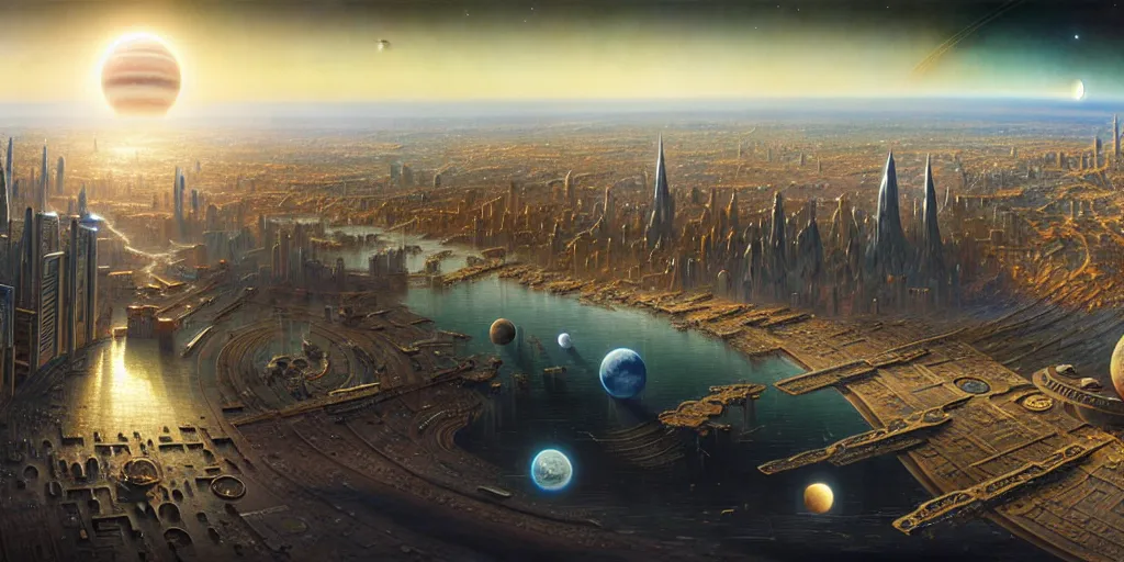 Image similar to planetary city, 2 biggest planets on the horizon of different sizes, intricate, highly detailed, photorealistic, digital painting, artstation, illustration, concept art, smooth, sharp focus, by ansel adams, bernardo bellotto, john collier, albert aublet and krenz cushart