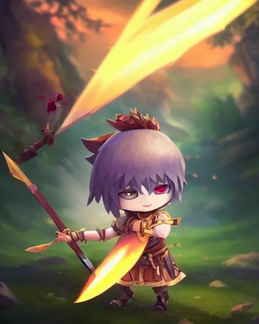 Image similar to oil painting of a cute chibi MapleStory warrior,, attacking, casting a spell with a spear, wearing a MapleStory warrior outfit, sharp focus, fantasy style, octane render, volumetric lighting, 8k high definition, by greg rutkowski, highly detailed, trending on artstation, magic the gathering artwork, Perion background from MapleStory, centered