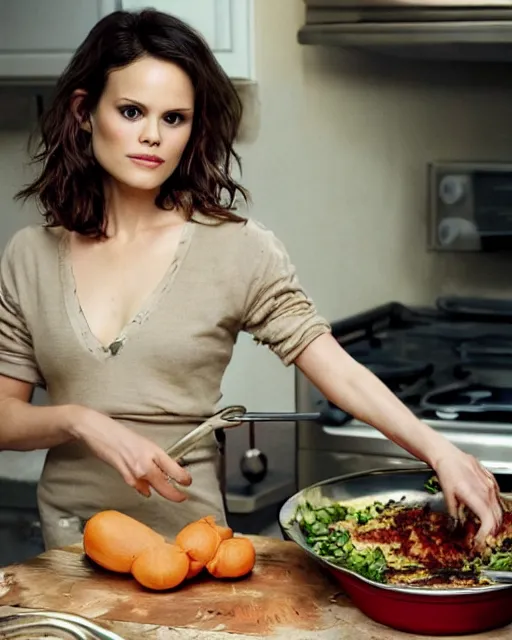 Prompt: photoshoot of actress rachel bilson cooking a meal, 8 k, photorealistic, shot in the style of annie leibovitz