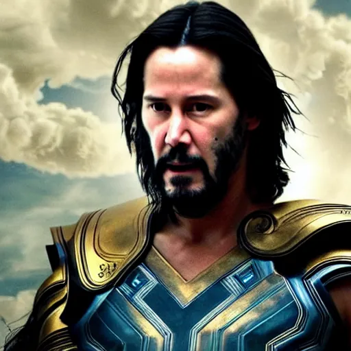 Prompt: Keanu Reeves as Zeus from Thor Love and Thunder, cinematic, Asgard, luxurious, chic intricate gold Greek battle armor