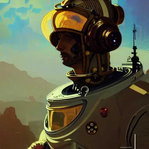 Image similar to portrait of a vicotrian steampunk astronaut with helmet man in suit by darek zabrocki, alphonse mucha, simon stalenhag and cinematic and atmospheric, concept art, artstation, trending on artstation