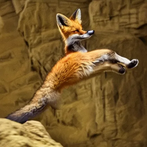 Prompt: a fox riding on an open tome flying through a fantasy cavern