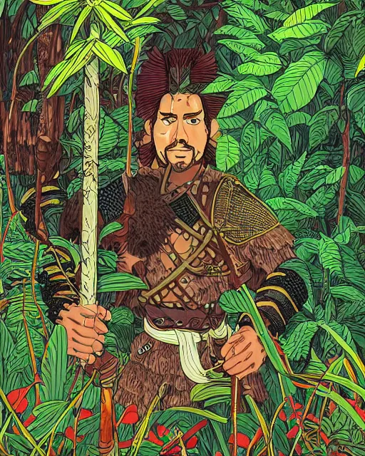 Image similar to portrait of barbaric spanish conquistador in a dense jungle, symmetrical, by yoichi hatakenaka, studio ghibli and dan mumford