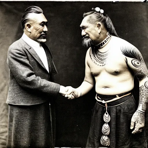 Image similar to a tattooed maori dignitary shakes hands with a 2 0 th century english industrialist, colorized 1 9 0 4 photo, kodak camera, historical event, credit the national archives of the united kingdom