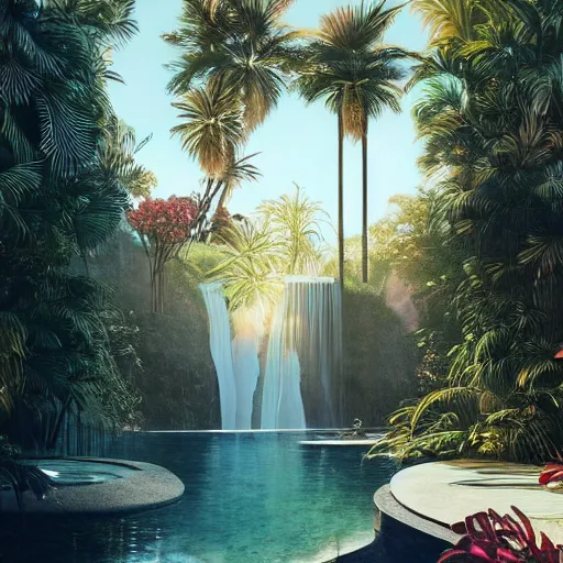 Image similar to waterfall, indoor liminal space, golden light, greg rutkowski, palm trees, pink door, minimalistic, hyperrealistic surrealism, award winning masterpiece with incredible details, epic stunning, infinity pool mirrors, a surreal vaporwave liminal space with mirrors, highly detailed, trending on artstation, artgerm and greg rutkowski and alphonse mucha, daily deviation