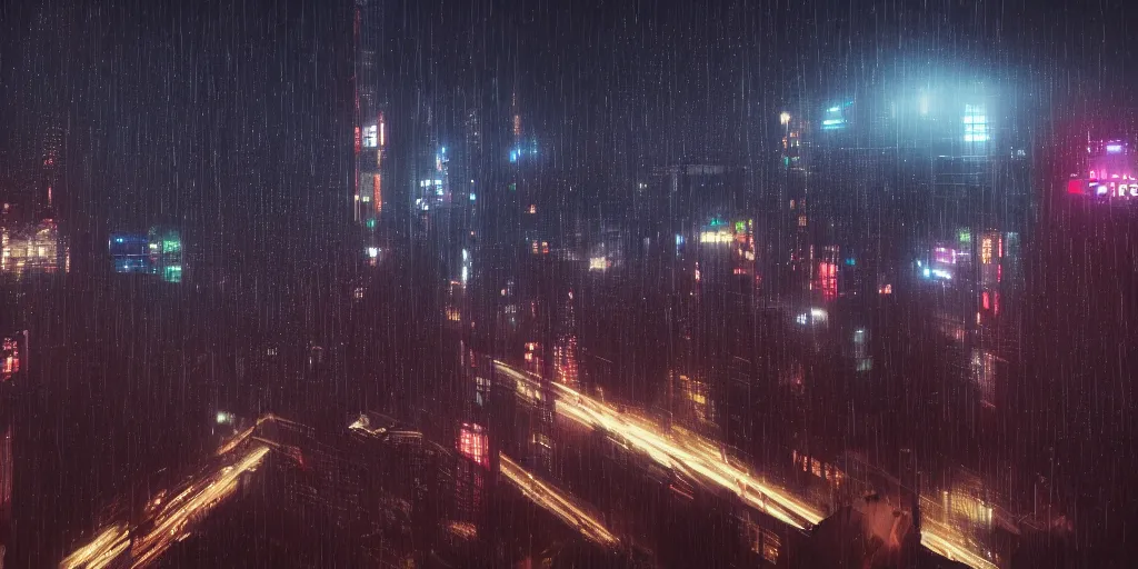 Image similar to a beautiful photo of a scifi scity at night seen behind a large windowpane with rain drops on it, cinematic, high definition, 8k, octane render, trending on artstation