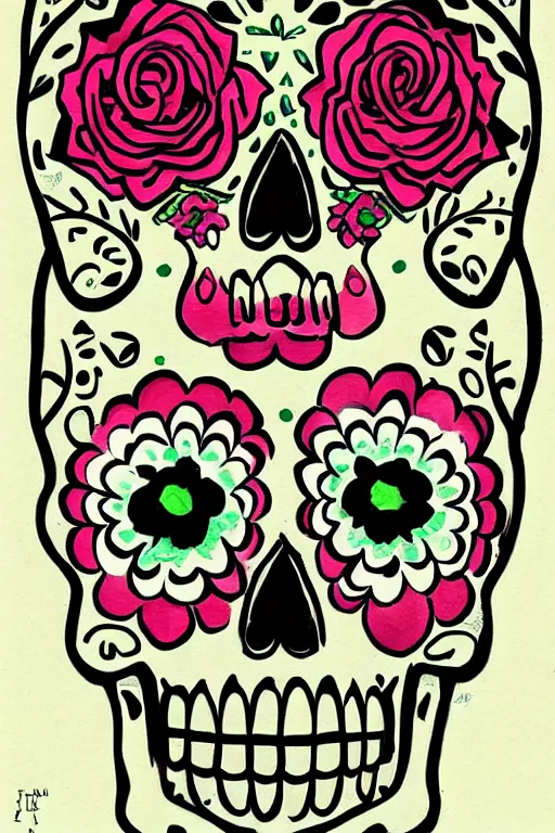 Prompt: Illustration of a sugar skull day of the dead girl, art by tom hammick