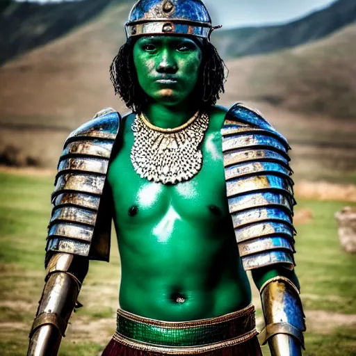 Prompt: photo of a real-life beautiful warrior with malachite armour