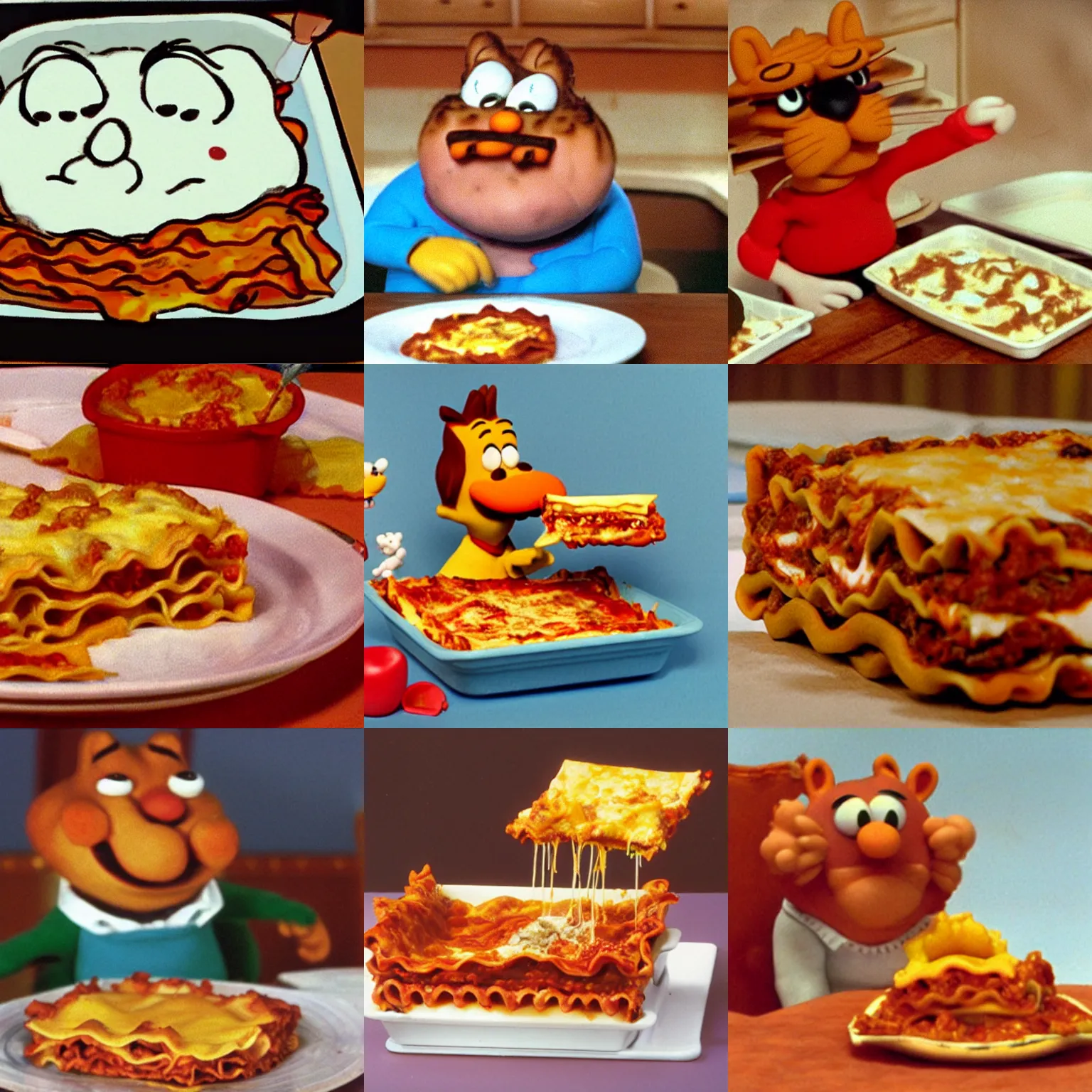 Prompt: Garfield eating lasagna, still from a claymation
