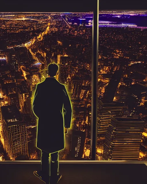 Image similar to an unreal engine photorealistic render of a night rooftop scene, neon lights in the city below, close up shot of a photorealistic gangster wearing a trench coat looking at the city below, global illumination