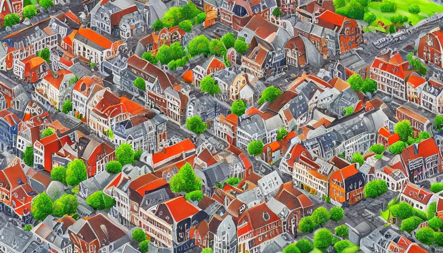 Image similar to dutch townscape, top - down isometric view, painting