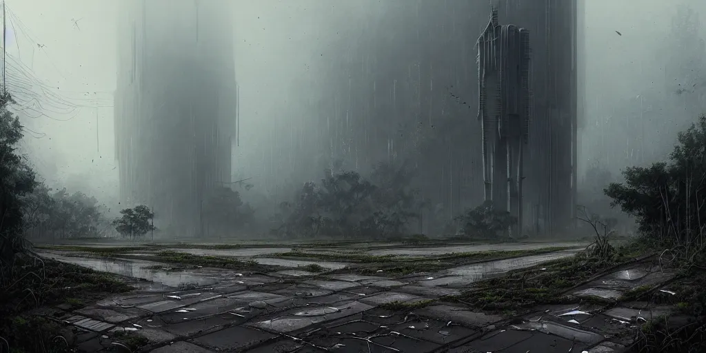 Image similar to ruins of a modern city, daytime, overgrown, cracked roads with weeds, misty, giant concrete tower in the distance, ultra high definition, ultra detailed, symmetry, sci - fi, dark fantasy, by greg rutkowski and ross tran