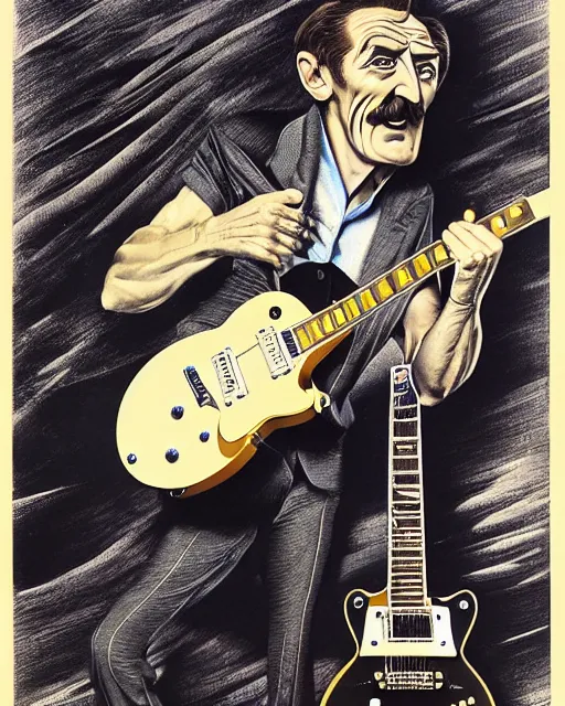 Image similar to barry chuckle ( shredding on a gibson les paul. guitar solo, bold, art by stanisław szukalski, 3 d 8 k )