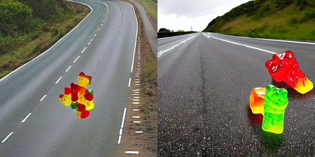 Prompt: lightning striking a gummy bear on a motorway