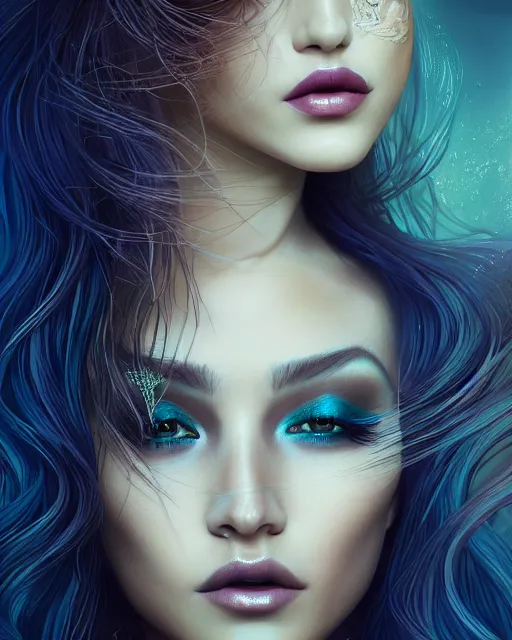 Image similar to portrait of mermaid, zoom, rule of thirds, atmosphere, intricate, vogue, regal, latinas, symmetrical!!, makeup, loreal, maybelline, sephora, loreal, artstation, art by artgerm and gonzalo ordonez arias, moody, concept art, filmic, vsco