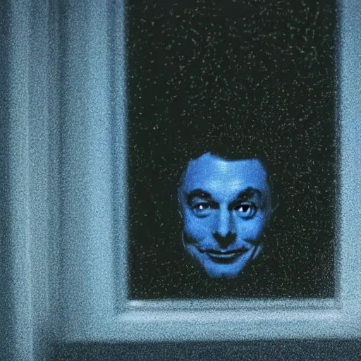 Prompt: dark photo of dark blue rainy bedroom window at night, creepy face of elon musk staring in through the window,
