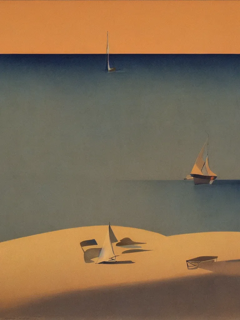 Image similar to a neo retro poster a boat near dune du Pilat, australian tonalism, pale gradients design, matte drawing, clean and simple design, outrun color palette. painted by Morandi, Agnes Pelton