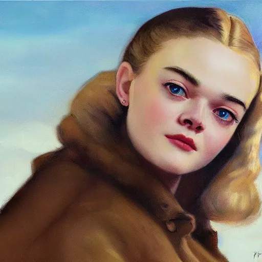 Image similar to ultra realistic portrait painting of elle fanning in soviet russia, art by frank frazetta, 4 k, ultra realistic, highly detailed, epic lighting