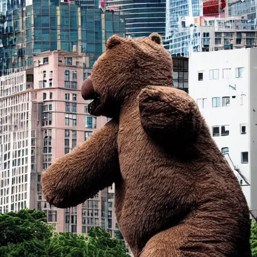 Image similar to a giant teddy bear like Godzilla is destructing crashing buildings in New York
